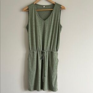 Green Sleeveless Drawstring Dress Pockets Large